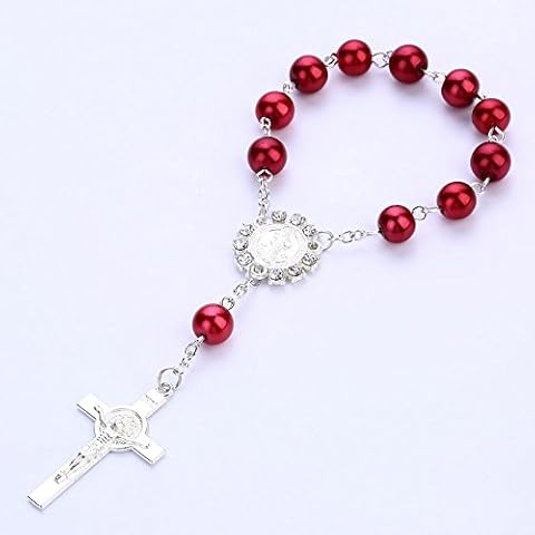 Red Pearl Mini Pocket Rosary Beads Medal Catholic Cross Religious Prayer Chaplet Handmade Communion Confirmation Car Cover