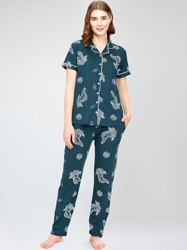 Image of ZEYO Night Suit for Women's Floral & Cheetah Printed Cotton Night Dress of Shirt and Pajama Set 5755