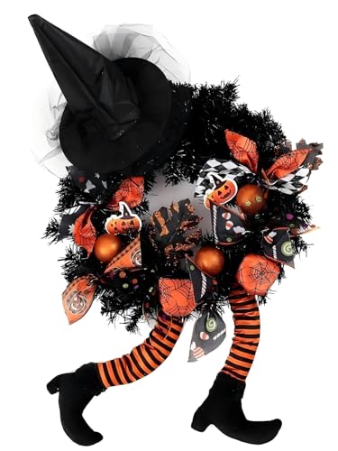 wlflash Happy Halloween Wreath for Front Door Decoration with Skeleton...
