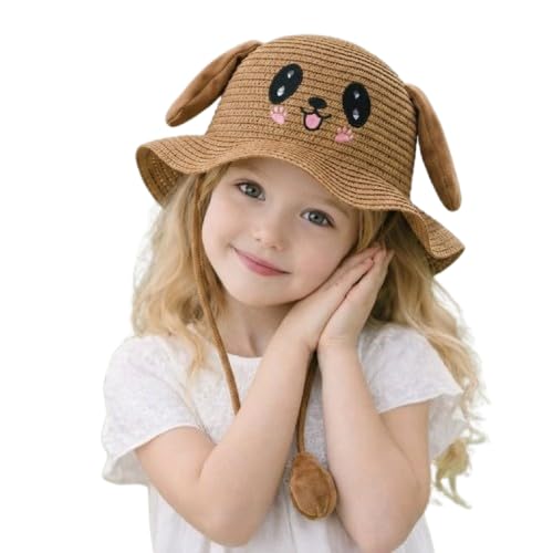 Image of FabSeasons Kids Cute Straw Sun Hat with Moving Ears (Ages 4-8 Years) | UV Protection, Wide Brim, Foldable, Beach Bucket Cap | Girls & Boys Breathable Summer Sun Hat with Inner Adjustable String