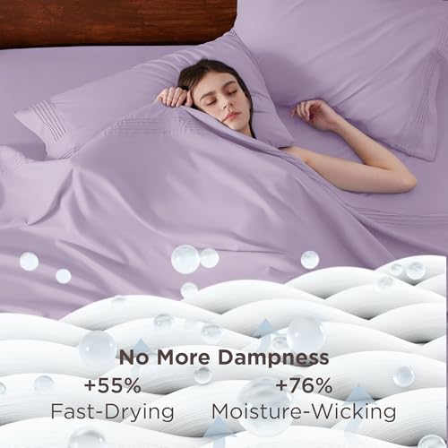 Image of Bedsure Deep Pocket King Sheet Set - Fits Mattresses Up to 21 Inches Thick - 4 Piece GentleSoft Bed Sheets, Moisture Wicking, Soft & Cooling Bedsheet & Pillowcases, Easy & Secure Fit, Light Purple