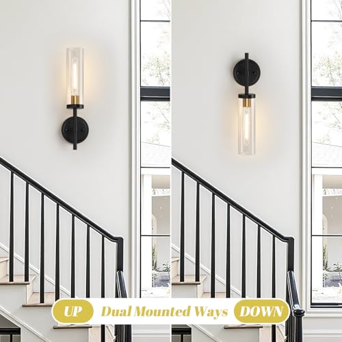 Image of Hardwired Wall Sconces Set of Two, Black and Gold Bathroom Sconces with Clear Glass, Modern Wall Light Fixtures for Bathroom Mirror Vanity, Living Room, Bedroom, Hallway, Stairway, Cabinet, Foyer