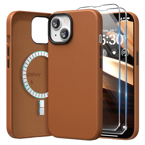 SURPHY Cover Compatibile con MagSafe in Pelle per iPhone 15 con 2 Vetro Temperato（6.1''）,Custodia Magnetica Inrealizzata in Pelle Pregiata per iPhone 15, Custodia Protettiva, Marrone
