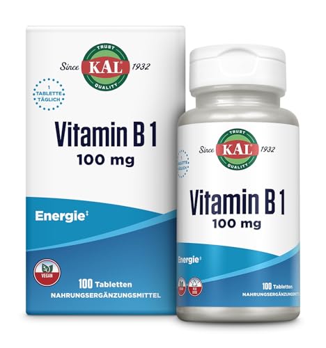 KAL Vitamin B1 | 100 mg | 100 Tabletten | Vitamin B | vegan | glutenfrei | ohne Gentechnik | laborgeprüft | Nahrungsergänzungsmittel mit Thiamin | normale psychische Funktion & Herzfunktion