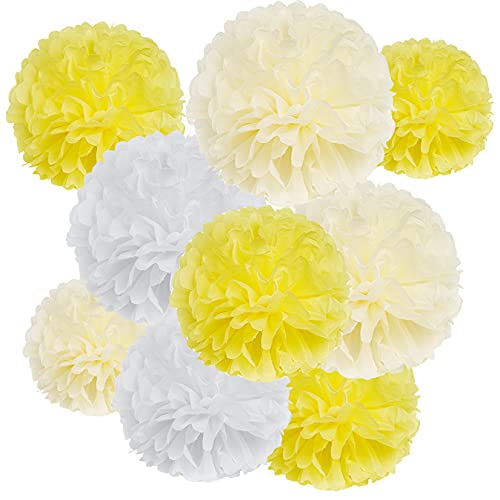Image of Tissue Paper Pom Poms Party Decorations, Hmxpls Tissue Balls Colorful Flowers Pom, Large Pom Poms for Wedding Birthday Celebration Outdoor Decoration - Yellow & White (8 inch / 10 inch / 12 inch)