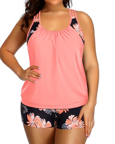 Image of Womens Plus Size Tankini Swimsuit Two Piece Tummy Control Bathing Suit | Blouson Racerback Tankini Top with Shorts, Double Up Design, Removable Pad