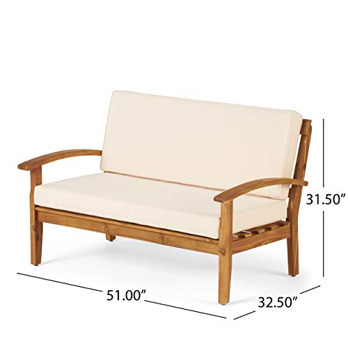 Christopher Knight Home Peyton Outdoor Acacia Wood Loveseat And Coffee Table Set With Water Resistant Cushions, Teak Finish / Beige #TOP6