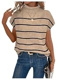 WDIRARA Women's Turtleneck Cap Sleeve Sweater Vest Pullover Knitted Top Loose Oversized Knitwear Khaki Stripes XX-Large
