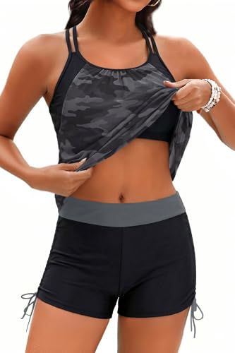 Image of Holipick Womens 2 Piece Tankini Swimsuit Blouson Tummy Control Bathing Suit | Double Up Design, Removable Pad, High Waisted Boy Shorts
