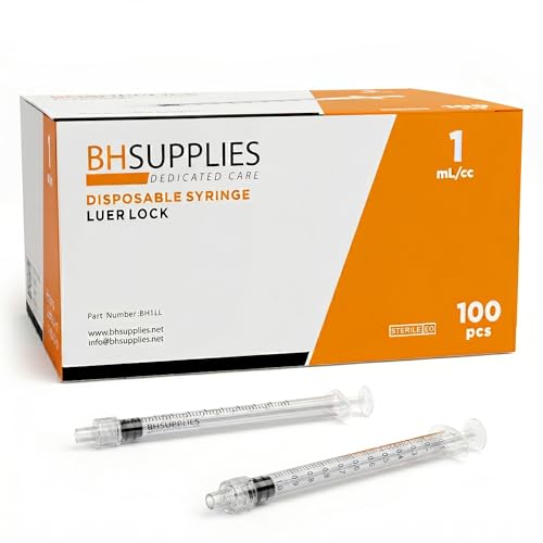 BH Supplies 1ml Luer Lock Tip Syringes (No Needle) - Sterile Individually Wrapped - 100 Syringes