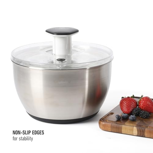 Image of Calphalon Aero 6.3-Qt Stainless Steel Salad Spinner, Fruit & Vegetable Washer Bowl with Strainer Basket for Washing Lettuce, Spinach, Herbs & Fresh Produce