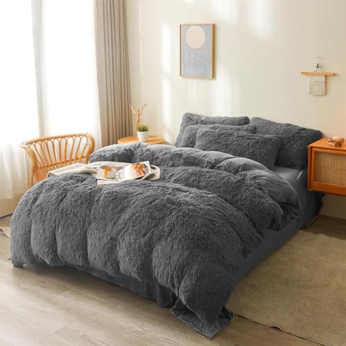 Foppa FAUX FUR BEDDING Fluffy Faux Fur Dark Grey Comforter Cover Set Queen - Ultra Soft Plush Dark Grey Bedding Sets 3 Pieces (1 Fluffy Duvet Cover + 2 Faux Fur Pillow Case) Cute Dark Grey Bed Set (Dark Grey thumb #1