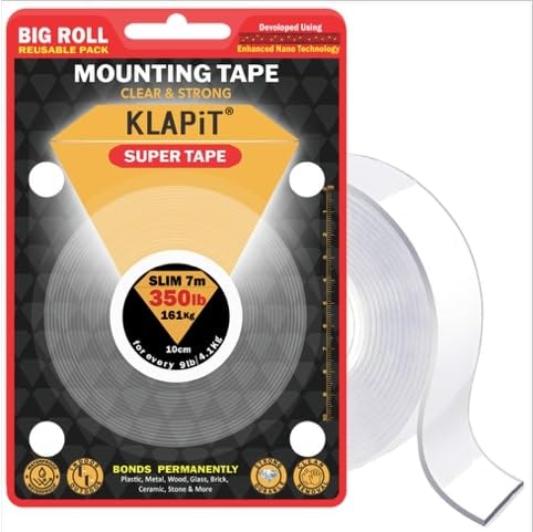KLAPiT SUPER TAPE Double Sided Heavy Duty Mounting Tape Holds 350 Pounds or 161Kg Weight Using Enhanced Nano Technology. Clear Tape for Wall, Wood, Tile, Stone, Glass, Metal and Acrylic Slim 7m