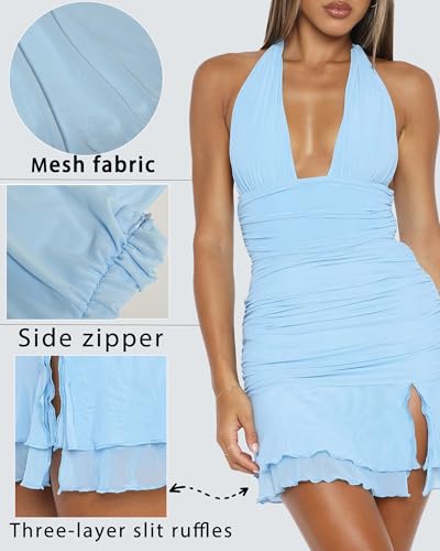 Image of Women's Summer Halter Dresses Sexy V Neck Backless Side Slit Ruched Waist Ruffle Cocktail Party Mesh Bodycon Mini Dress