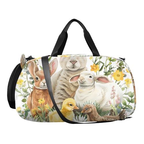 Duffle Bag for Boys or Girls with Shoes Compartment, Lamb Bunny Ducklings Chicken Sports Travel Bag Overnight2