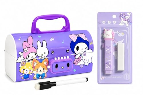 Image of New Cartoon Theme Pencil Box with Push Pull Eraser Set for Kids | Suitcase Style Password Lock Stationery Organizer | School Supplies Gift Combo for Boys & Girls (KURUMI PURPLE PENCHIL BOX + ERASER)