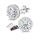 SLLAISS Pendientes Moissanita Mujer y Hombre Plata de Ley 925 con Oro Bianco 16K Hipoalergénicos Brillantes Pendiente Moissanite Corte Redondo Cushion Halo Diamante Simulado Color D VVS1 2CT