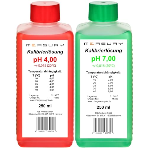 Measury pH Kalibrierlösung 4.00 und 7.00 - hergestellt in Deutschland, pH Pufferlösung je 250ml, Eichlösung Rot/Grün, Kalibrierflüssigkeit Set Eichflüssigkeit