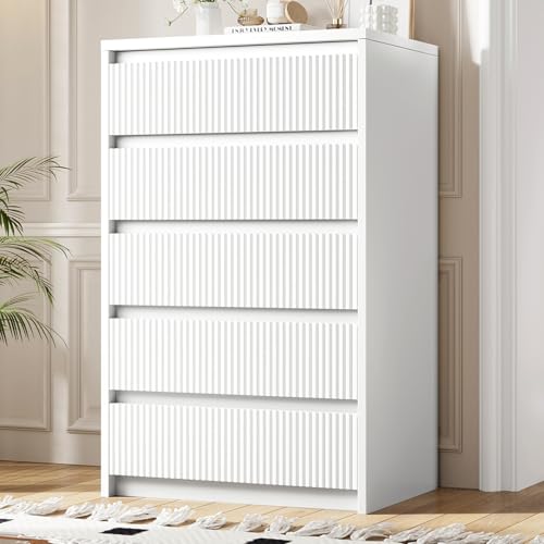 Jocoevol White Dresser 5 Drawer Dresser for Bedroom, Modern Fluted Dresser with Deep Drawers and Mirror, Wooden Dresser Chest of Drawers for Living Room, Hallway, Entryway