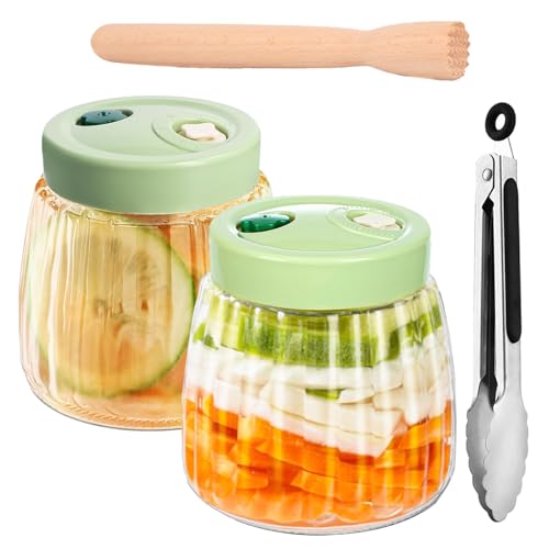 2 Tarros de Fermentación de Vidrio 1L con Doble Válvula, Fermentador Multiusos, con Pinzas y Machacador de Fermentación, Tarros de Conserva , Frascos Herméticos, para Kimchi, Chucrut, Mermeladas