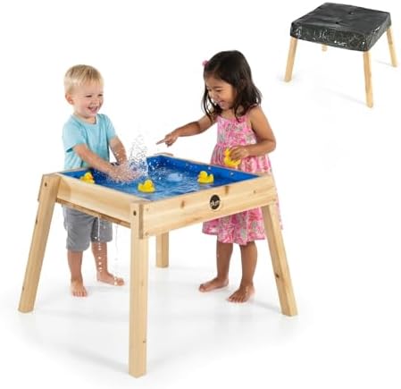 Plum® Wooden Sand and Water Table with Cover – Toddler Sensory Toys, Summer Outdoor Games for Kids, Backyard Build & Splash Activity, Sturdy Sandbox Playset, Weatherproof, Easy to Clean, Age 2+ Years