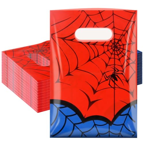 HLHLLSW 60 PCS Spider Web Party Favor Bags Red Blue Plastic Goodie Candy Bags with Handles for Kids Spider Theme Birthday Party Decoration & Gifts
