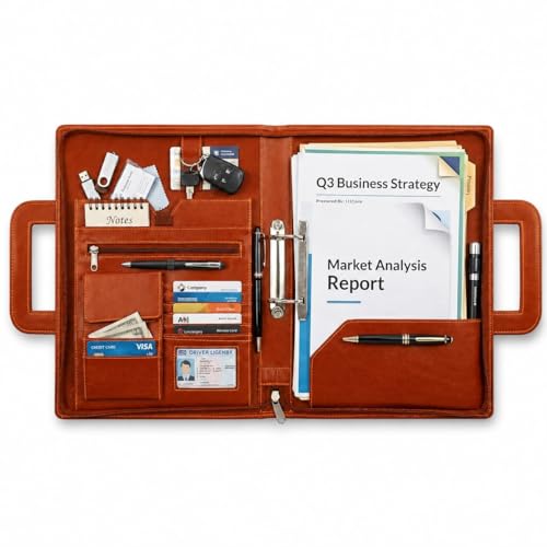 Image of STREPE ZK TAN Leather File Organizer Bag with Handle, Zipper Portfolio Folder for Documents, Certificates, Cards & Tablet, Office Business Travel Case for Men & Women