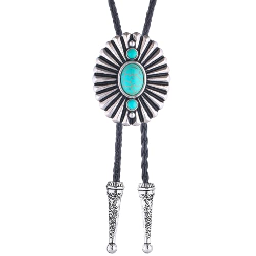Image of Turquoise Bolo Tie for Men, Leather Braided Necktie Western Cowboy Bola Tie Costume Accessories for Men Women