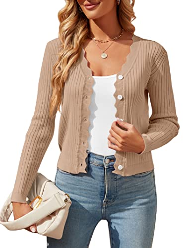 Image of Shermia Womens Cropped Cardigan Knit Shrugs for Dresses Tops V Neck Button Down Cardigans Sweaters Khaki