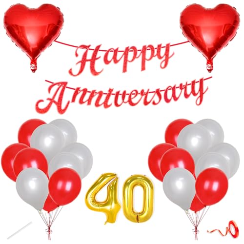 Image of Flyloons 40th Happy Anniversary Decoration Items Red White for Forty for Men Women Husband Wife Mom Dad Couple Home Bedroom Car With 20 Pcs Metallic Balloons Anniversary Banner 2 Pcs Heart Set Kit