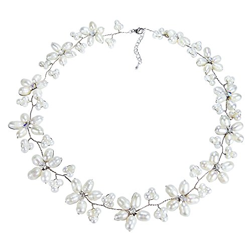 AeraVida Intricate Cultured Freshwater White Pearl Flower Link .925 Sterling Silver Choker Necklace