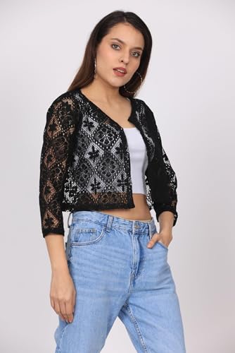 Image of Women Self Design Floral lace Regular Open Front Shrug