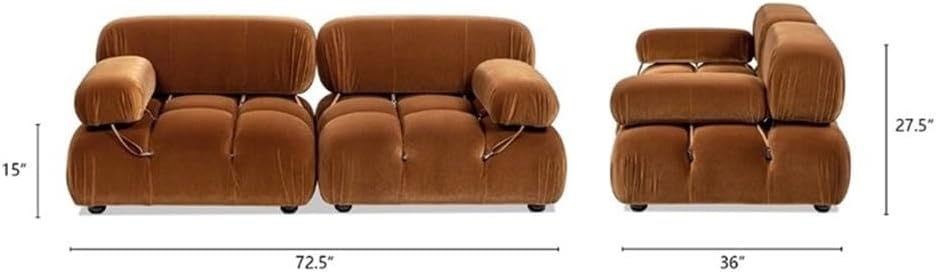 Pemberly Row 72.5" Modular 2-Piece Velvet Loveseat Sofa, Burnt Orange, Square Tufted Cushions, Adjustable Back and Arms, Low Seat Height, Eucalyptus Wood Frame, Modern Living Room Seating