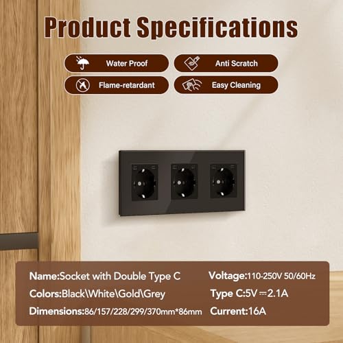 BSEED Steckdose mit USB C(5 V 2.1A),Unterputz Steckdose (Typ C und Typ C),16A 250V 3 Fach Wandsteckdose,2*USB C Einbausteckdose Geeignet f&uuml;r Phone,Pad-228mm*86mm,Schwarz