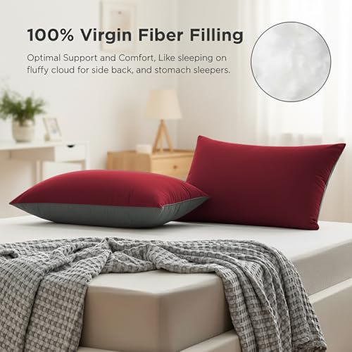 Image of Cloth Fusion Soft Reversible Microfiber Pillows Set of 2 for Sleeping (16x24 Inches, Maroon-Grey)