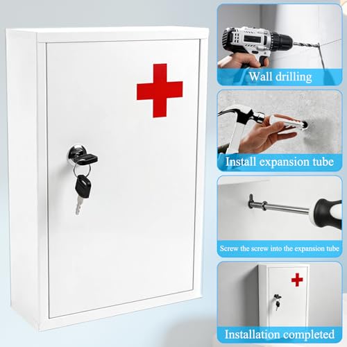 Botiquín de pared con cierre y llave, caja organizadora para primeros auxilios y medicamentos, almacenamiento médico seguro en acero para hogar y escuela miniatura 7