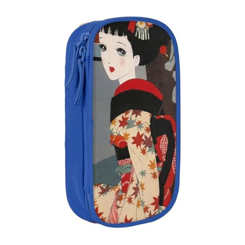 原淳一 娘十二ヶ月絵巻 十月 浮世絵やの娘ペンケース 筆箱 文具ケース おしゃれ 筆袋 鉛筆ケース 鉛筆のサック 中高校生 軽量 収納バッグ 学生 子供 誕生日 入学ギフト 大容量 ダブルレイヤーBlue