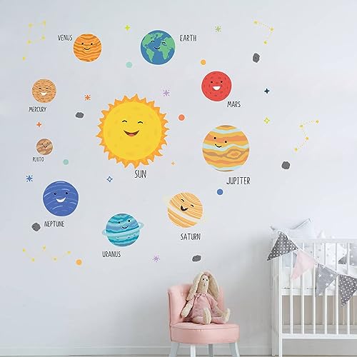 Image of Smiling Solar System Planet Galaxy Kids Room Wall Stickers Educational Learning Wall Decal Fun Character Stickers Kids Play Room Home Decor Nursery Classroom Bedroom-Self-Adhesive