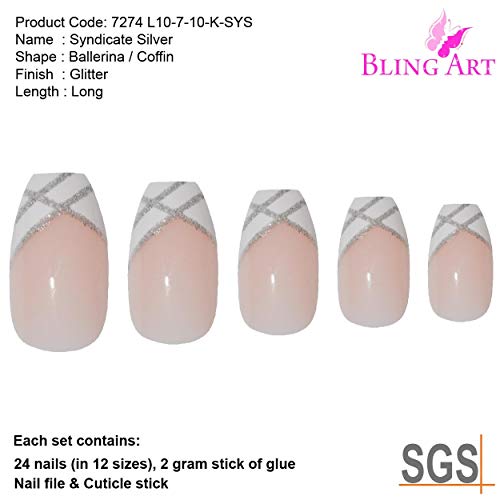 False Nails by Bling Art Silver White Glitter Ballerina Long Fake 24 Acrylic Nail Tips