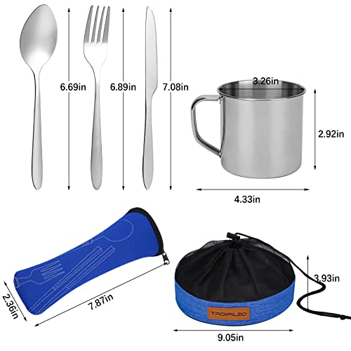 Camping Cutlery Set, 8 Piece Stainless Steel Cutlery Set Including Cutlery Spoons Mug Bowls & Plates Rags, Organizer Straps Easy To Carry For Backpacking, Camping, Hiking And Picnics (Blue) #TOP1