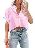 Tankaneo Womens Casual Short Sleeve Button Down Cropped Shirts Collared Summer Crop Tops Solid Color