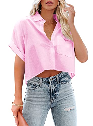 Tankaneo Womens Casual Short Sleeve Button Down Cropped Shirts Collared Summer Crop Tops Solid Color Short Blouse Shirt #TOP24