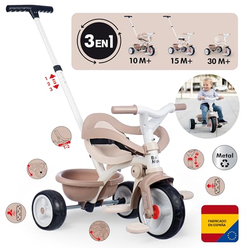 Smoby - Tricycle Be Move Confort Beige - Evolutif 3 en 1 - Ceinture et Arceau de Sécurité - Poignée Parentale Réglable sur 3 Niveaux - A Partir de 10 Mois Jusqu'à 3 Ans - Fabrication Espagnole