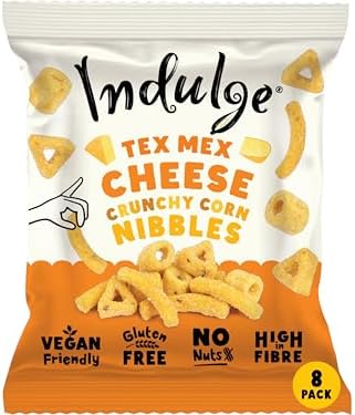 Indulge Crunchy Corn Nibbles – Tex Mex Cheese Flavour – 20g x 8 Bags – Gluten Free, Vegan, Nut Free, Allergen Friendly, High Fibre Corn Snacks (Pack of 8)