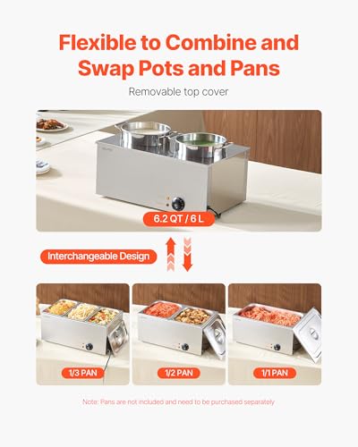 Image of VEVOR Electric Soup Warmer, Two 6.34QT Stainless Steel Round Pot with 86~185F Adjustable Temp, 1200W Commercial Bain Marie Compatible with Pans, Soup Station for Restaurant, Buffet