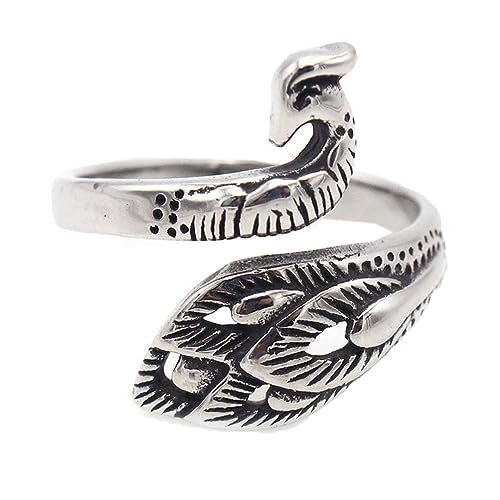 PAURO Men's Women's Stainless Steel Vintage Animal Peacock Warp Ring Silver Black Size 11