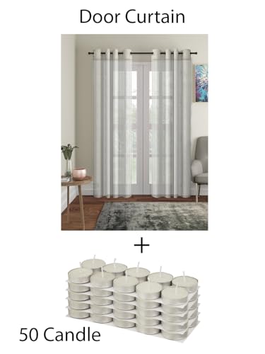 Image of Cortina Shear Light-Filtering Polyester Curtains 7 feet Long Pack of 2 + 50 Candle for Door [ Opacity: 50-60%, Color: White, Printed Curtain -130 GSM ]