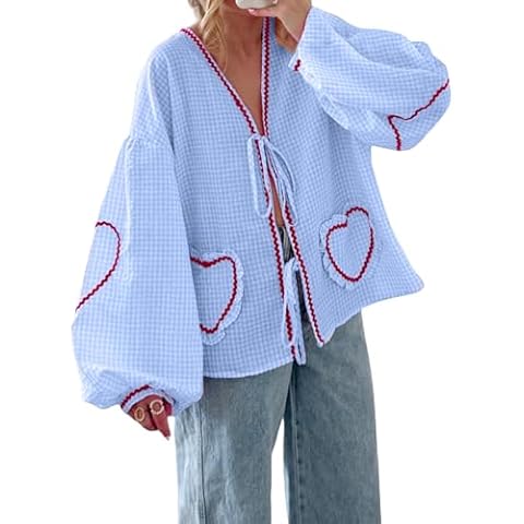 Pivanzore Tie Front Tops for Women Gingham Puff Long Sleeve V Neck Babydoll Shirt Casual Cute Loose Fit Heart Pockets Blouse(Blue,Large) Cover