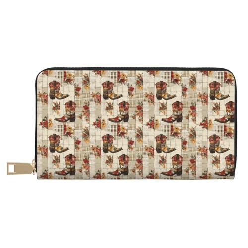Leather Thin Slim Wallets for Women Men - Fashion Vintage Cowboy Boots Print Card Wallet Holder with Zipper
