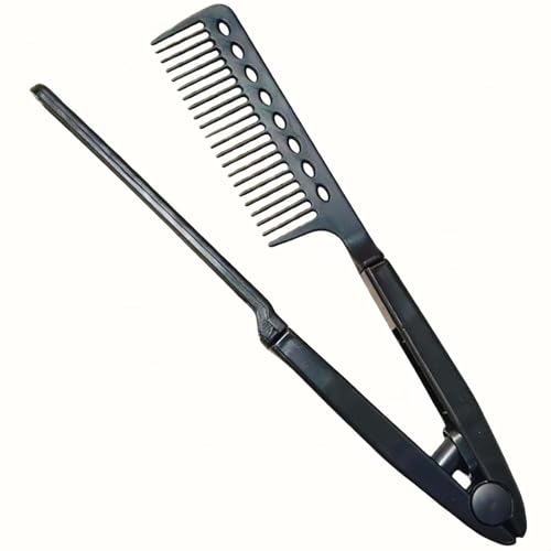 V Hair Straightening Comb Anti-Frizz Smoothing & Anti-Static Detangling Comb for Wet & Dry Hair V-Shape Sectioning Styling Comb with Easy-Grip Handle (Black)